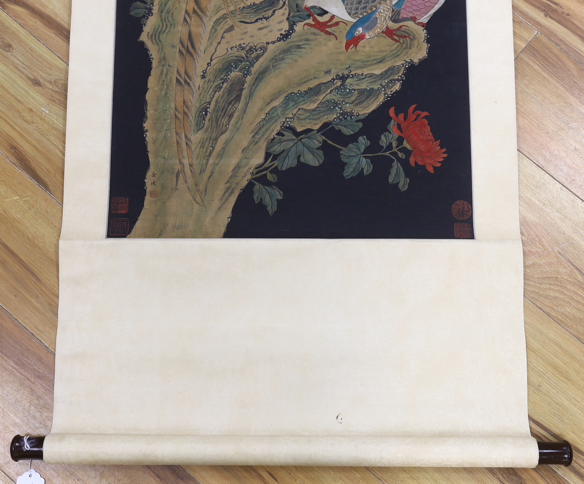 A Chinese hundred bird painted scroll, 239cm high